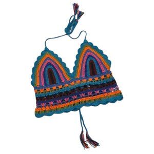 Bestto Boho Festival Crop Top Halter Bralette Size M L Rainbow Tassels